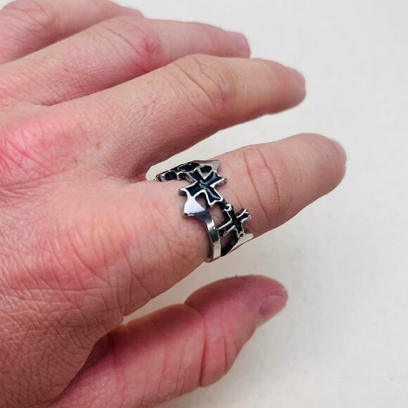 Y2K Vintage Silver Double Cross Ring – Adjustable Size, Unisex, Brand New - Picture 4 of 8